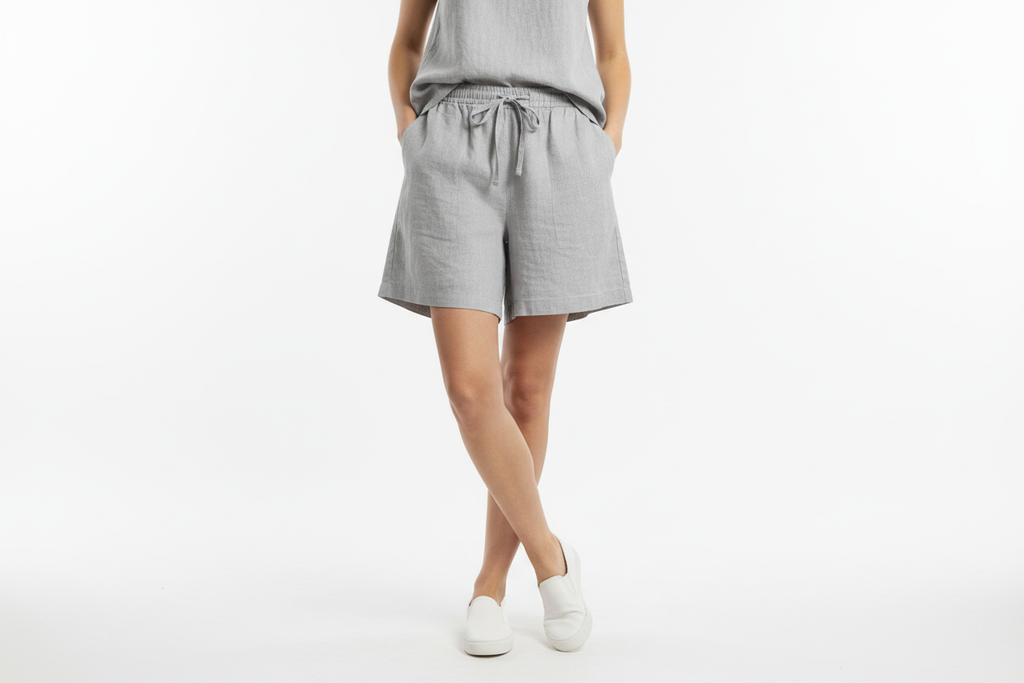 Model Wearing Grey Linen Shorts