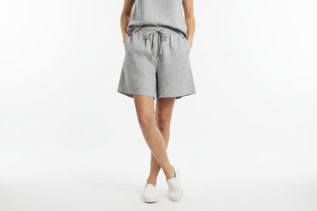 Model Wearing Grey Linen Shorts